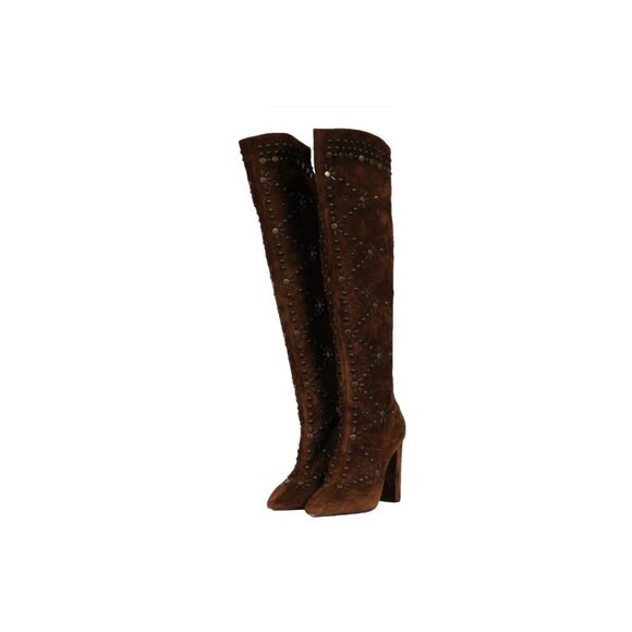 Saint Laurent Womens Ella Studded Knee Boots US 7 EU 37 Brown Suede - Picture 5 of 16